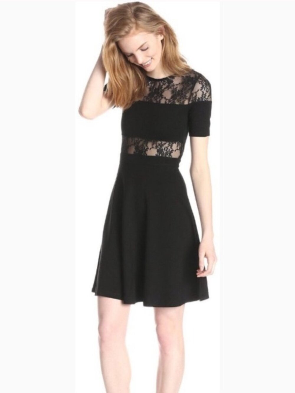 French Connection Black Short-Sleeve Skater Dress Sheer Lace Panels Size 4 NWT